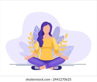 Mujer joven sentada en la pose de loto de yoga. concepto de meditación, los beneficios para la salud del cuerpo, la mente y las emociones. inicio y la búsqueda de ideas. Ilustración vectorial en estilo plano