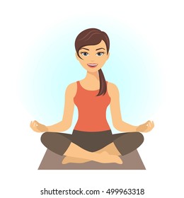 Young woman sitting in yoga lotus pose. Meditating girl illustration