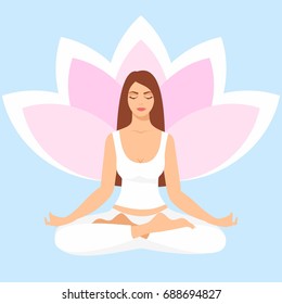 Young woman sitting in yoga lotus pose. Meditating girl illustration. Yoga woman, meditation, anti-stress people 