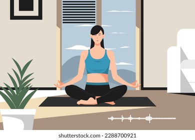 Young woman sitting in yoga and meditating. Practicing yoga at home. Happy woman meditates