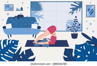 Young woman sitting in yoga pose and meditation. Girl performing aerobics exercise and morning meditation at home. Physical and spiritual practice. illustration in a flat cartoon style.