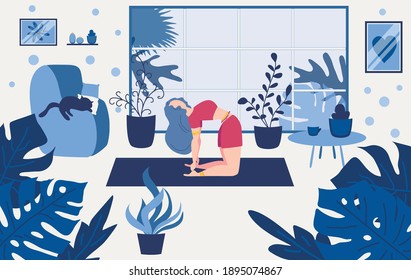 Young woman sitting in yoga pose and meditation. Girl performing aerobics exercise and morning meditation at home. Physical and spiritual practice. illustration in a flat cartoon style.