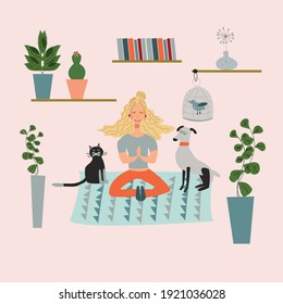 Young woman sitting in a yoga pose and meditating. A girl performs aerobics exercises and morning meditation at home with her pets. Physical and spiritual practice. Vector illustration in flat cartoon