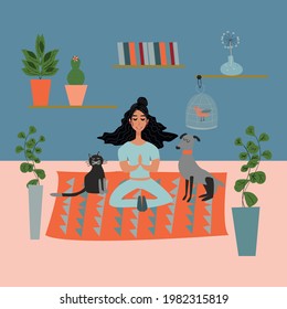 Young woman sitting in a yoga pose and meditating. A girl performs aerobics exercises and morning meditation at home with her pets. Physical and spiritual practice. Vector illustration in flat cartoon