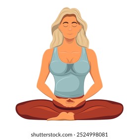 jovem mulher sentada em ioga pose e meditando desenho animado vetor ilustração isolado no fundo branco