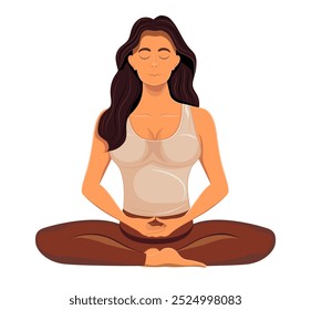 young woman sitting in yoga pose and meditating cartoon vector illustration isolated on white background