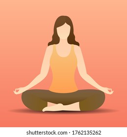 young woman sitting in yoga position and meditating. girl performing aerobics exercise and morning meditation, physical and spiritual practice. vector illustration concept in flat cartoon style.