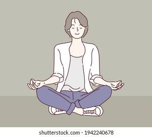 Young woman sitting in yoga position and meditating. Hand drawn in thin line style, vector illustrations. 