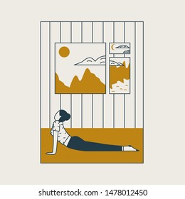 Young woman sitting in yoga posture and meditating. Girl doing aerobics exercise and meditation at home. Concept of physical and spiritual practice. Cobra pose. Vector illustration 