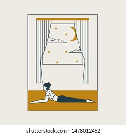 Young woman sitting in yoga posture and meditating. Girl doing aerobics exercise and meditation at home. Concept of physical and spiritual practice. Sphinx pose. Vector illustration 