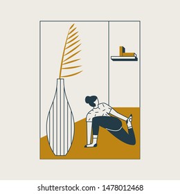 Young woman sitting in yoga posture and meditating. Girl doing aerobics exercise and meditation at home. Concept of physical and spiritual practice. Twisted lunge pose. Vector illustration 