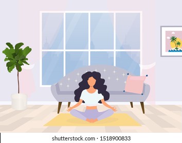 Young Woman Sitting In Yoga Posture And Meditating. Meditation, Relaxation At Home.