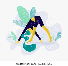 Young woman sitting in yoga posture and meditating. Girl performing aerobics exercise and morning meditation at home. Physical and spiritual practice. Vector illustration in flat cartoon style.