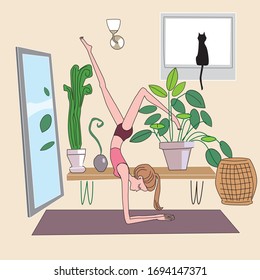 Young woman sitting in yoga posture and meditating  at home. Physical and spiritual practice. Cute cozy interior flowers, cat, mirror. Self isolation, quarantine due to coronavirus. Doodle cartoon vec