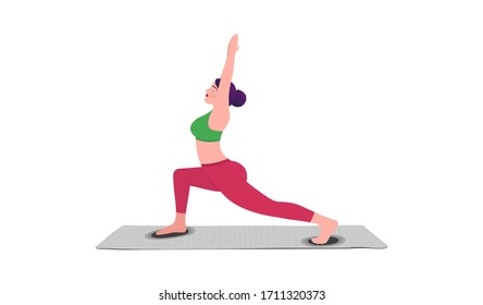 Young woman sitting in yoga posture and meditating. Girl performing aerobics exercise and morning meditation at home. Physical and spiritual practice. Vector illustration