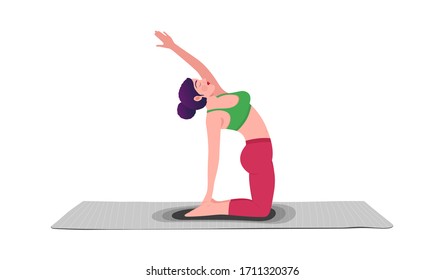 Young woman sitting in yoga posture and meditating. Girl performing aerobics exercise and morning meditation at home. Physical and spiritual practice. Vector illustration