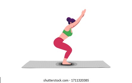 Young woman sitting in yoga posture and meditating. Girl performing aerobics exercise and morning meditation at home. Physical and spiritual practice. Vector illustration