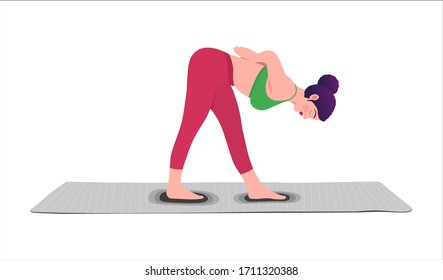 Young woman sitting in yoga posture and meditating. Girl performing aerobics exercise and morning meditation at home. Physical and spiritual practice. Vector illustration