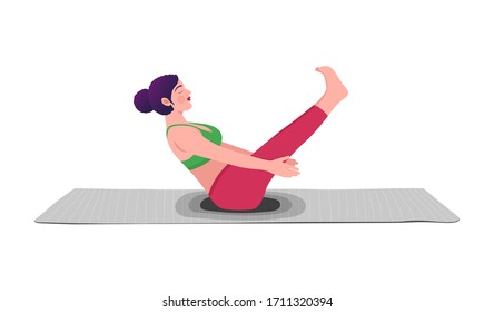 Young woman sitting in yoga posture and meditating. Girl performing aerobics exercise and morning meditation at home. Physical and spiritual practice. Vector illustration