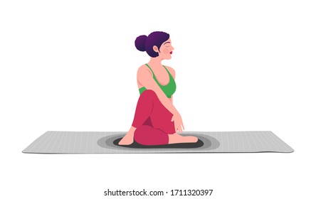 Young woman sitting in yoga posture and meditating. Girl performing aerobics exercise and morning meditation at home. Physical and spiritual practice. Vector illustration