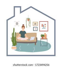 Young woman sitting in yoga posture and meditate at cozy home. Yoga, fitness, stretching online class. COVID-19 virus outbreak, social distancing, sport exercise at Home. Flat vector illustration.