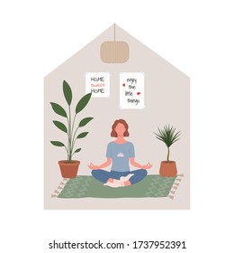 Young woman sitting in yoga posture and meditating. Girl practicing yoga and enjoying meditation at home. Relaxation at home. Cozy interior, room, apartment Flat cartoon vector illustration