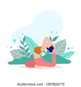 Young woman sitting in yoga posture and meditating. Girl performing aerobics exercise and morning meditation at garden. Physical and spiritual practice. Vector illustration in flat cartoon style.