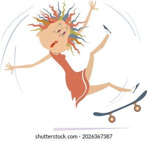 Young woman a skateboarder isolated illustration. 
Cartoon young woman falling down from the skateboarder. Active life style idea
