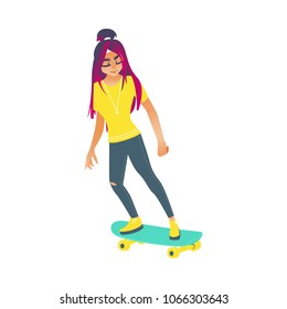 Young woman skateboarding isolated on white background - cartoon girl with long hair skating on longboard for summertime active recreation. Vector illustration.