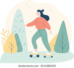 Young woman skateboarding in park, casual clothes, relaxed outdoor activity. Modern female character enjoying leisure time, skate and nature vector illustration.