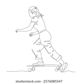 Young woman skateboarding. Side view. Continuous line drawing. Black and white vector illustration in line art style.