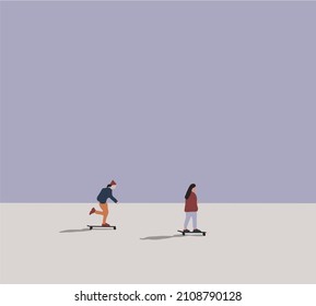 Young woman skateboarding together on road. Modern street activity. Colored flat vector illustration of active teenagers riding longboards