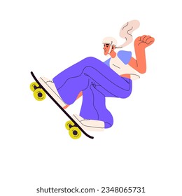 Young woman skater riding skate board. Cool skateboarder jumping with skateboard, extreme trick in air. Happy active girl on longboard. Flat graphic vector illustration isolated on white background