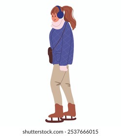 Young woman skating on ice. Winter snowy season holiday sport activity. Lovely skaters enjoy of skates. Vector hand darwn.