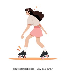 Mujer joven patinando en patines de ruedas. Chica linda feliz rodando en patines. Actividad deportiva de verano con zapatos de rueda. Ilustración vectorial plana de color aislado sobre fondo blanco.