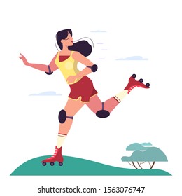 Young woman skating in the park. Woman with a roller skates and equipment. Sport action outdoor. Healthy lifestyle concept. Isolated vector illustration