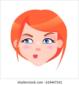 Young woman skeptic face icon. Pretty redhead girl with flush and blue eyes suspicious facial expression isolated flat vector. Female cartoon portrait illustration for women emotions concept