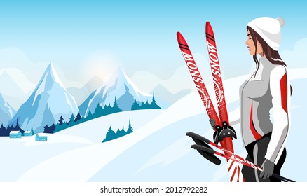 Young woman skier with skis and ski poles in her hands against the backdrop of a snowy mountain landscape. Vector illustration