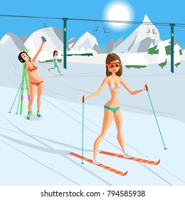Young woman skiing in a bikini at the end of the winter resort season. Flat cartoon vector illustration