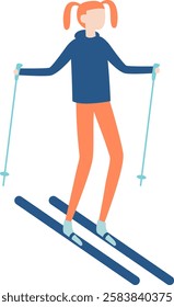 Young woman skiing downhill holding ski poles enjoying winter holidays in mountain resort wearing warm blue jacket and orange pants during leisure activity