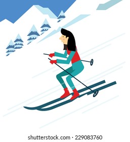 young woman skiing. flat character design. vector illustration