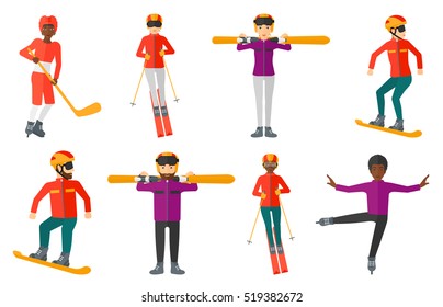 Young woman skiing on the background of snow capped mountain. Skier skiing downhill in mountains. Female skier on downhill slope. Set of vector flat design illustrations isolated on white background.