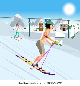 Young woman skiing in a swimsuit at the end of the winter resort season. Flat cartoon vector illustration