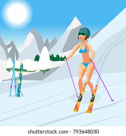 Young woman skiing in a swimsuit at the end of the winter resort season. Flat cartoon vector illustration