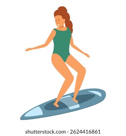 Young woman is skillfully balancing on a surfboard, enjoying the thrill of riding the waves