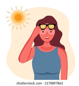 Young woman with skin sunburn under strong sunlight in flat design.