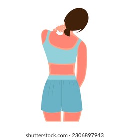 Young woman with skin sunburn under strong sunlight smears sunscreen on her skin. Vector illustration in flat design.