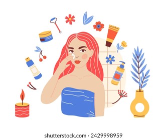 Young woman skincare routine. Female character applying cleanser, mask or cream. Everyday beauty cosmetic and skincare products. Bathroom facial hygiene treatment vector illustration