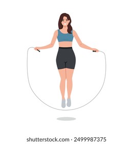 Young woman with skipping rope. Jump rope. Flat vector illustration isolated on white background