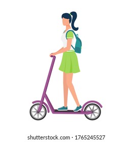 A young woman in a skirt and a backpack rides a scooter. Eco-friendly urban transport. Vehicle for transportation in the city.Sports outdoor activity. Flat vector illustration isolated on white